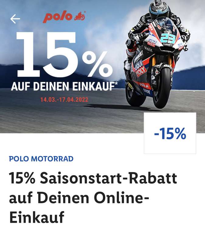 (Lidl Plus) 15% auf den gesamten Einkauf im Polo Motorrad Online-Shop