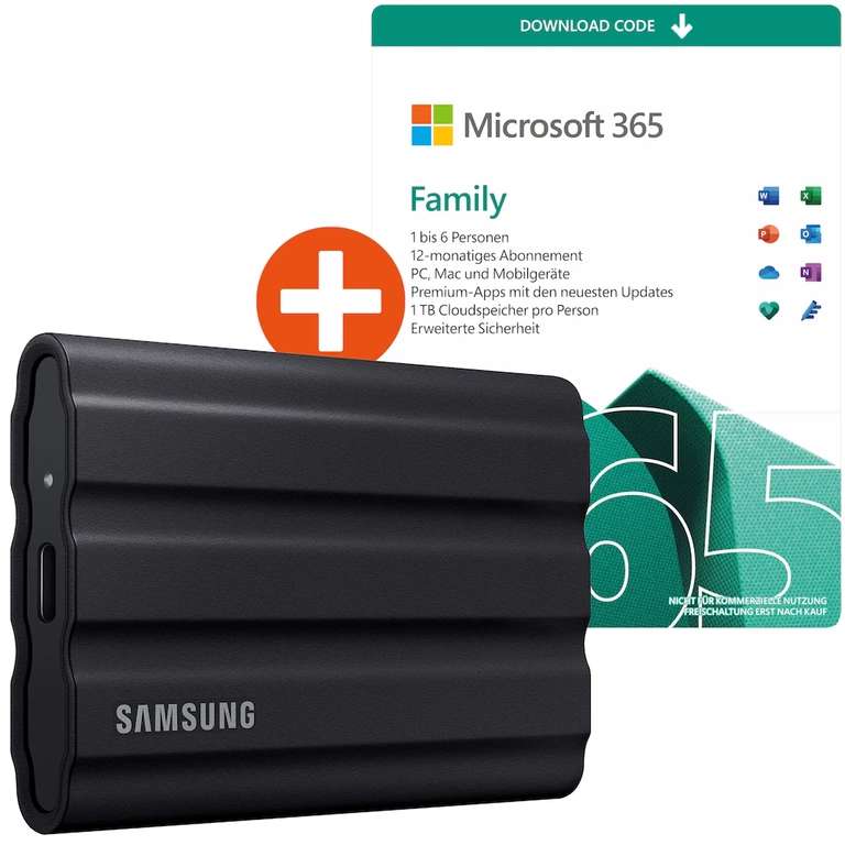 Samsung Portable SSD T7 Shield 2TB + 1 Jahr Microsoft 365 Family (USB-C, ~960MB/s Lesen & ~870MB/s Schreiben, TLC, Gummiummantelung, IP65)