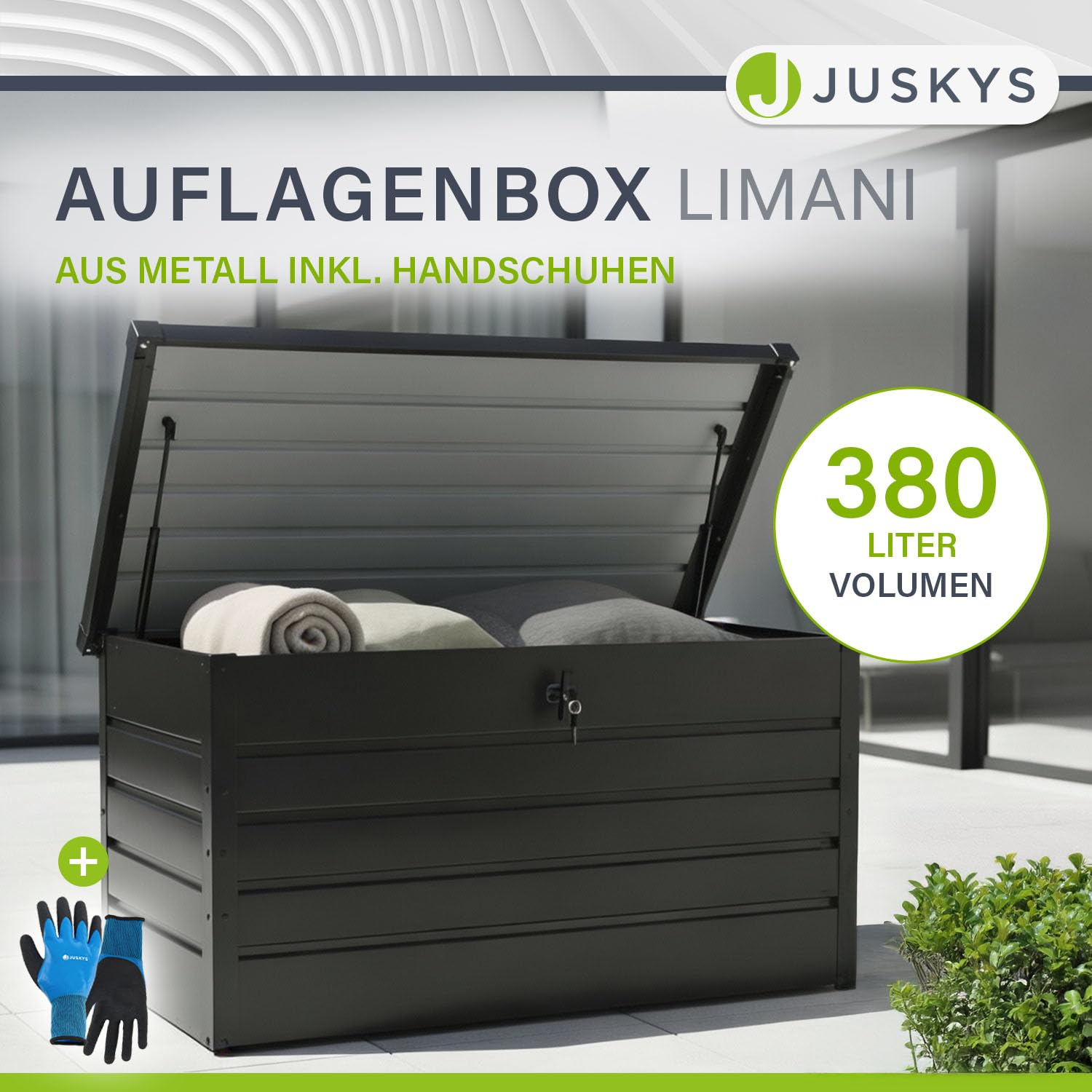 Juskys Metall Aufbewahrungsbox Limani | 380 Liter | wasserdicht, abschließbar | Gartenbox, Auflagenbox