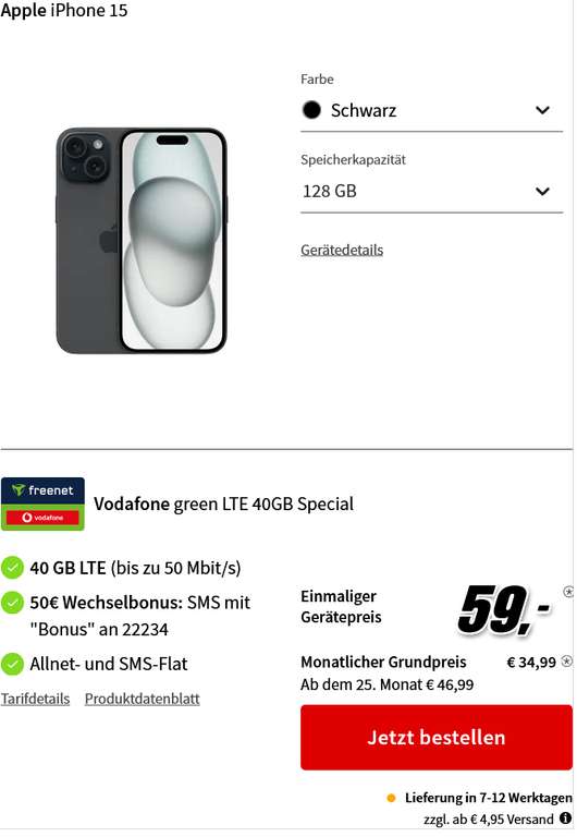 Vodafone Netz: Apple iPhone 15 im Allnet/SMS Flat 40GB LTE für 34,99€/Monat, 59€ Zuzahlung, 50€ Wechselbonus
