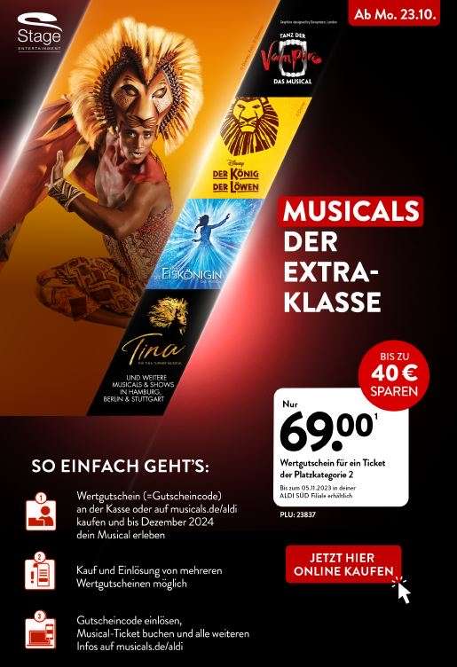 ALDI SÜD Aktion: Musicals & Shows für 69€ (Kat. 2) – König der Löwen, Eiskönigin, Tina, Tanz der Vampire, u.v.m.