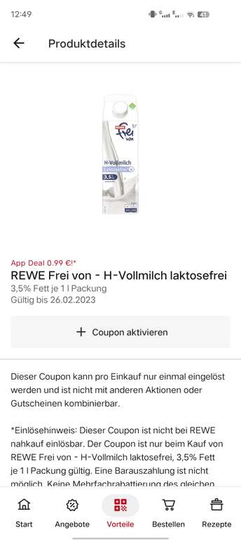 [REWE App] frei von H-Vollmilch laktosefrei 3,5% 1l