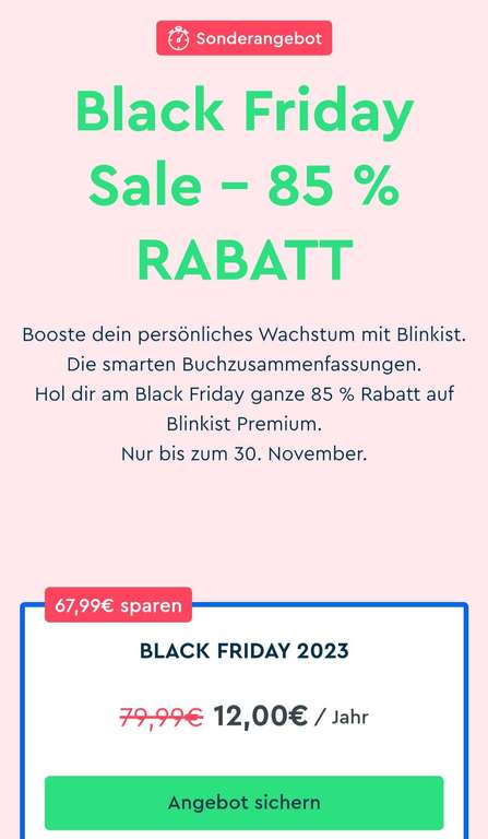 Blinkist: 85% auf das Premium Jahresbo - Black Friday Sale