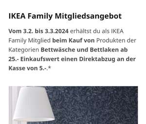 IKEA Family Online/Offline Bettwäsche und Bettlaken ab 25.- Einkaufswert 5€ Rabatt