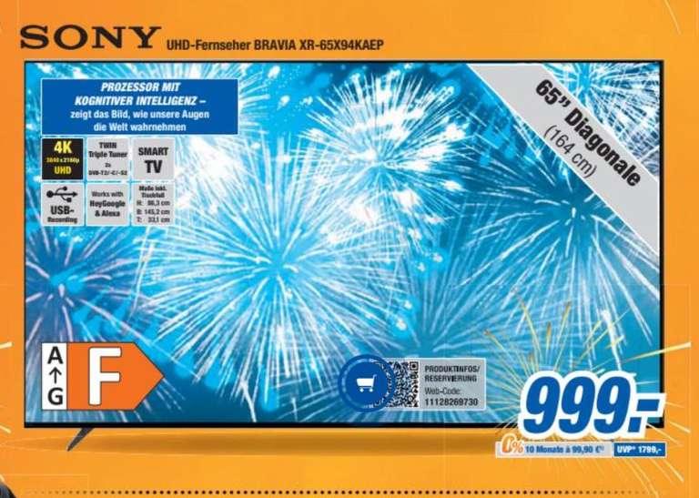 Sony Bravia XR-65X94KAEP Smart TV 65 Zoll für 999 € bei expert bis 13.01.2023