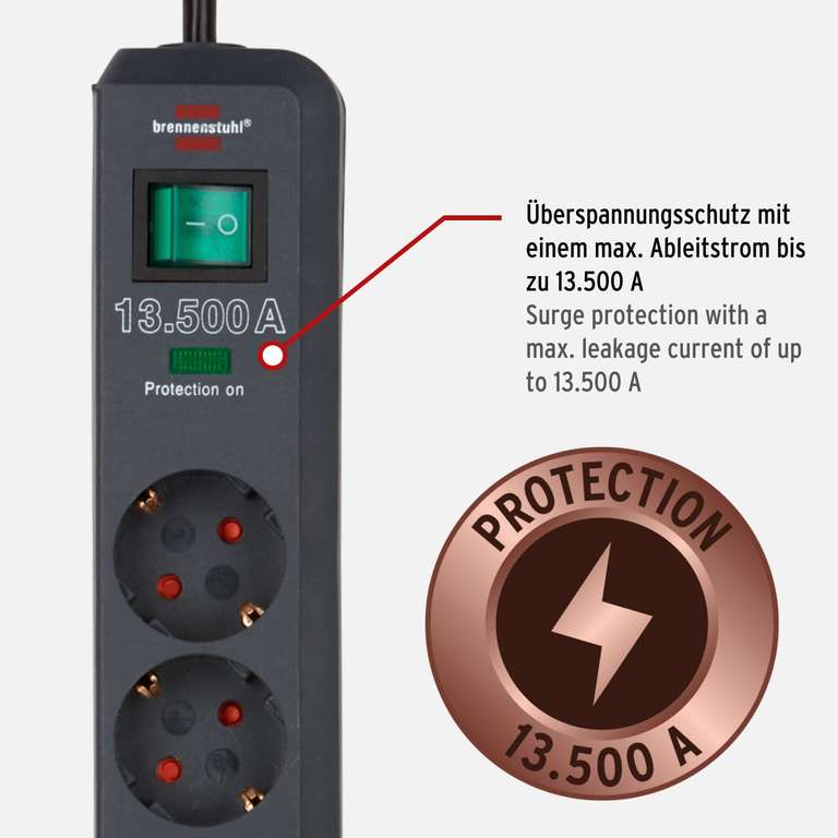 Brennenstuhl Eco-Line Steckdosenleiste 3-Fach mit Überspannungsschutz (mit erhöhtem Berührungsschutz, Schalter und 1,5m Kabel) (Prime)