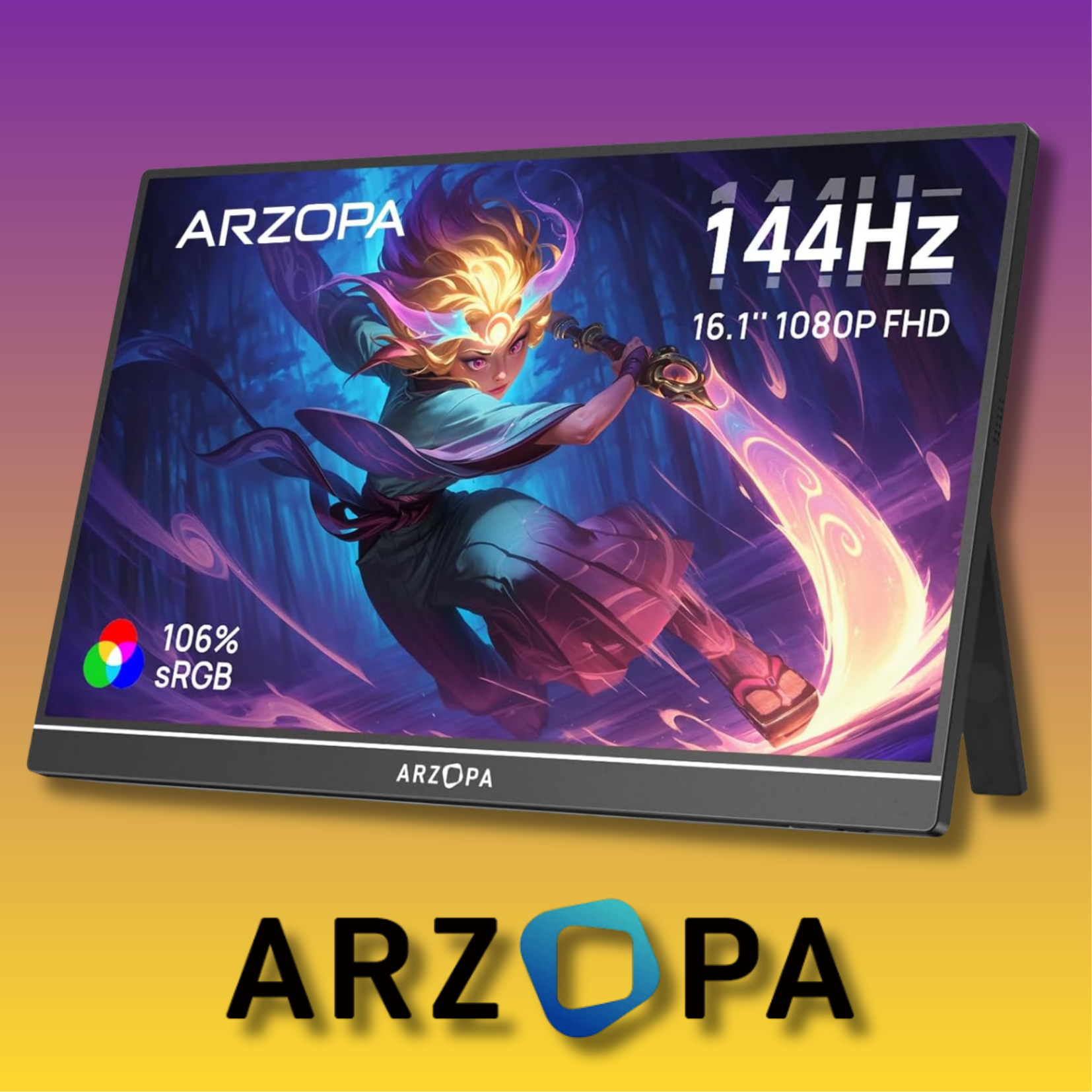 ARZOPA Z1FC Portabler 16.1' Zoll Monitor | 144Hz, 106% sRGB, 1920×1080P FHD HDR, Mini HDMI + USB-C, Standfuß
