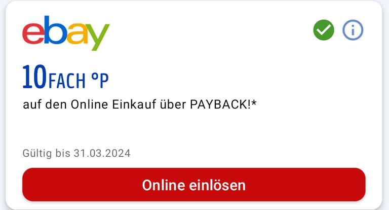 10 Fach Payback Punkte für einen Kauf bei eBay bis 31.3.24 [Personalisiert]