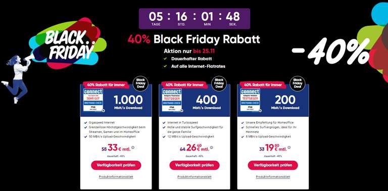 Black Friday Deal: PYUR Internet (Kabel) 200/400/500/1.000 Mbit/s dauerhaft 40% Rabatt (Lifetime) - z.B. 200 Mbit/s für 19,80€ statt 33€