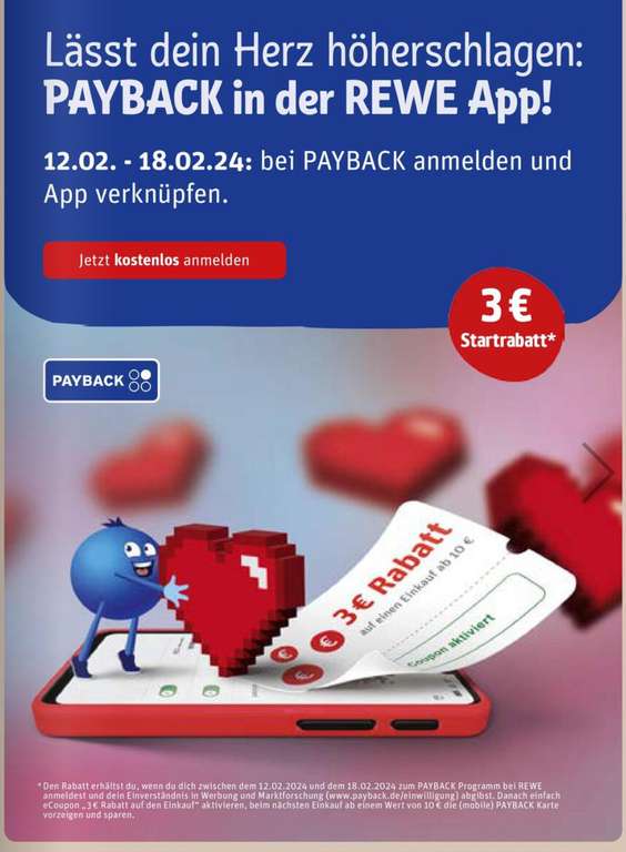 [Payback] 3€ Startrabatt bei Payback durch das verknüpfen der Rewe App - ab 10€ Einkaufswert | gültig von 12.2.24