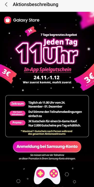 Einmalig 3€ InApp-Spielgutschein für Galaxy Store (zwischen dem 24.11. - 01.12.2022)