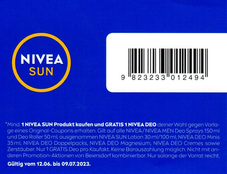 [Müller] Gratis Nivea Deo 150/50ml für den Kauf eines Nives Sun Produktes nach Wahl bis 09.07.2023