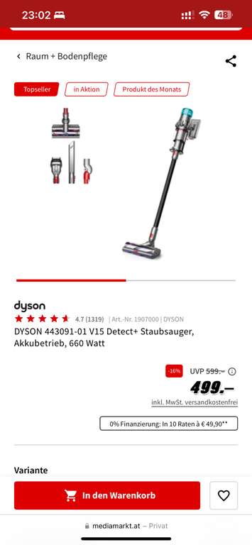 Dyson Staubsauger V15 Detect+ 660W um 100€ vergünstigt - Österreich