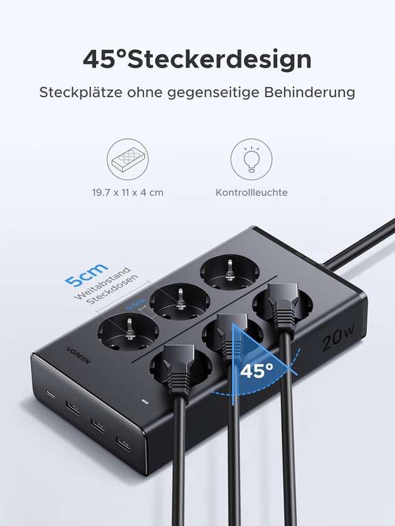 Steckdosenleiste Mit 10 Französischen Steckdosen & USB-C PD 20W, 2m Kabel, Überspannungsschutz, Schwarz