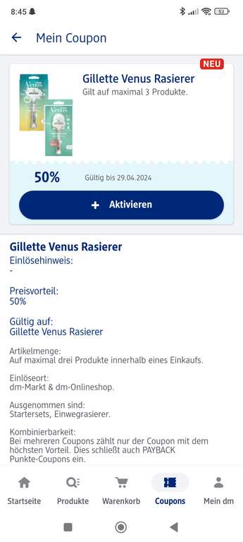 (DM) -50% auf Gillette Venus Rasierer in Mein dm-App, z.B. Deluxe Smooth Sensitive Rosegold