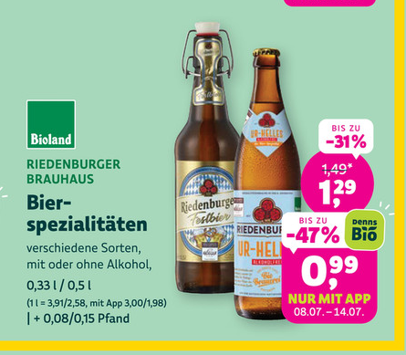[Denns App] Riedenburger Brauhaus verschiedene Sorten 0,33 L oder 0,5 L, Bio Bier,