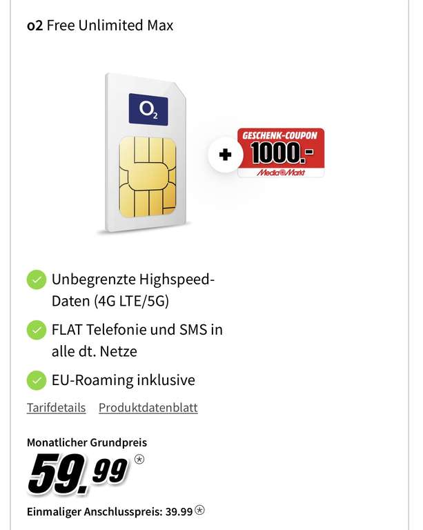 o2 Unlimited Max für rechnerisch 19,99 € mtl. Dank 1000 € MediaMarkt Coupon