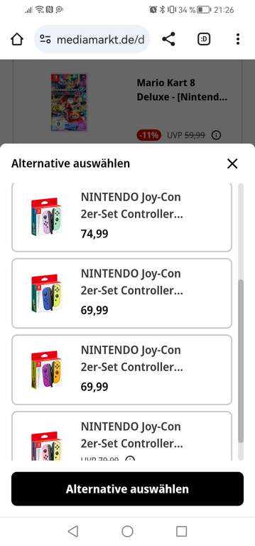 Nintendo Switch Mario Kart 8 deluxe oder Mario Bros. Wonder inkl. 2er-Set Joy Con Controller