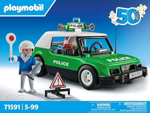 PLAYMOBIL Jubiläumsset 71591 Classic Polizeiauto, aufregende Fahrten mit dem kultigen Retro-Polizeiwagen aus den 70ern (Prime/ROFU Abh)