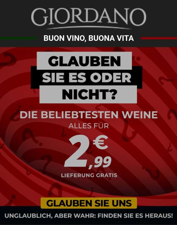 18 Flaschen verschiedenen Giordano Weinen selbst auswählen für 2,99€ pro Flasche, Versand kostenlos.