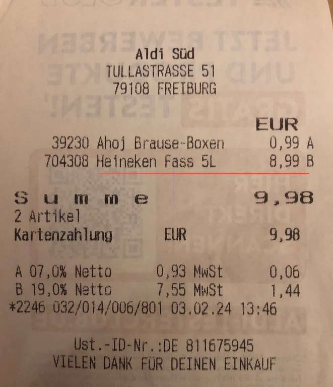 Heineken 5 Liter - Fass für 8,99€ bei Aldi Süd (Restposten)