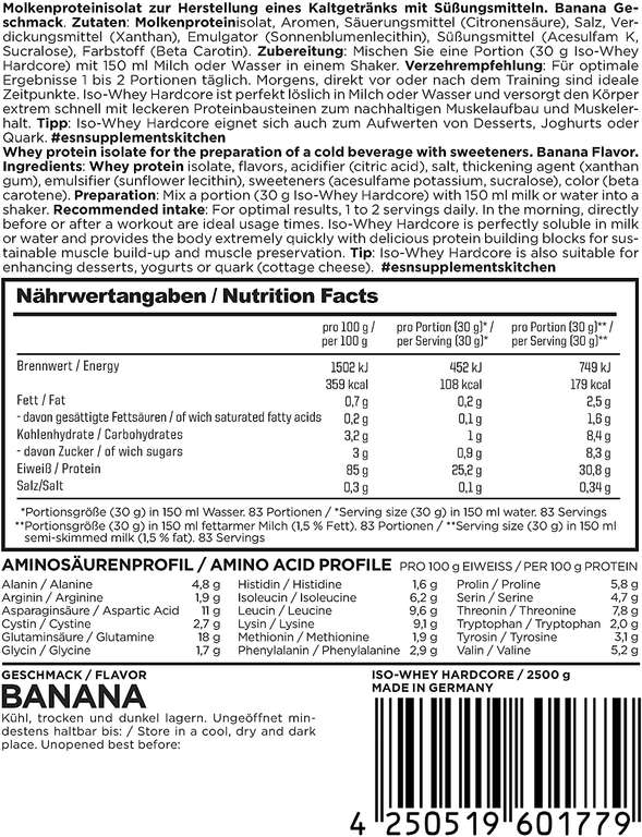 [Amazon.es] ESN IsoWhey Hardcore Protein Eiweiß, Banane, 2,5 kg