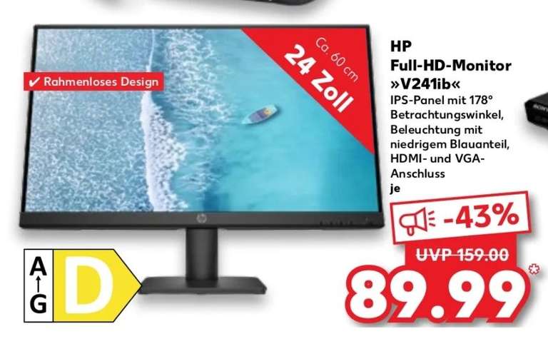 HP Monitor V241ib, 24" - Full HD, VGA, HDMI, DisplayPort, randloses Design