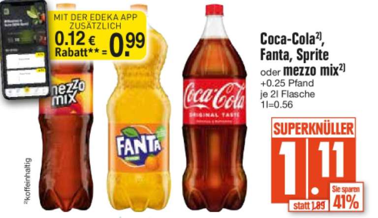 [EDEKA Südbayern] 2 Liter Coca-Cola/Fanta/Sprite/Mezzo Mix diese Woche 0,99€ (mit App - ohne und in anderen Regionen 1,11€)