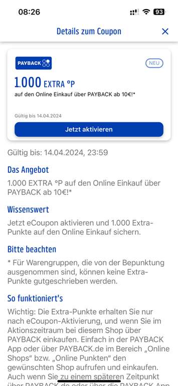 (personalisiert) 1000 Payback Punkte für einen Online Einkauf von 10€ (Freebie)
