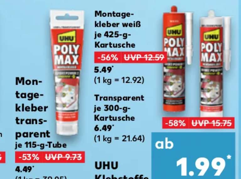 (Kaufland Bundesweit) UHU Montagekleber Poly Max Express / Weiß / Transparent