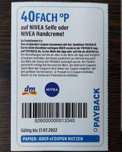 Payback DM / 40 Fach Punkte auf Nivea Seife oder Handcreme