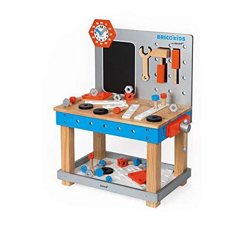 [Prime] Janod - Brico'Kids Große Holz-Werkbank (mit 40 Zubehörteilen und 3 Werkzeugen, magnetische Werkzeuge)