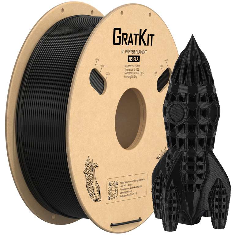 6kg GratKit High-Speed PLA 3D-Drucker Filament (11,97€/kg) 1,75mm ±0,03mm in Grau, Schwarz oder Weiß