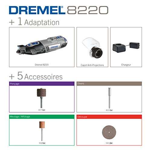 [Amazon.fr] Dremel 8220 Akku Multifunktionswerkzeug 12V Set (mit 5 Zubehören und 1 Aufsatz, Variable Drehzahleinstellung 5.000-35.000 1/min)