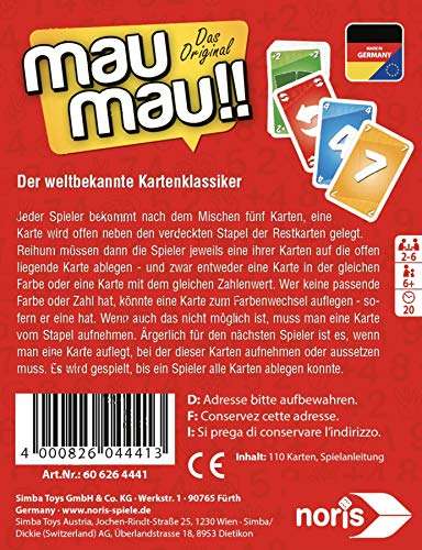 Noris 606264441, Mau Mau, das weltbekannte Kartenspiel mit einem originellen Blatt, für 2 bis 6 Spieler ab 6 Jahren (Amazon Prime)