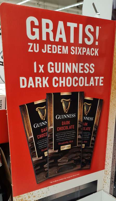 [Supermärkte] Gratis 90 Gramm Guinness Dark Chocolate beim Kauf eines Six Packs Guinness | Gratis Untersetzer bei Hopp13