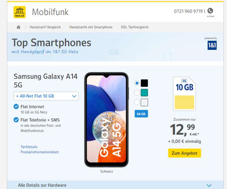 Gutes Angebot: Samsung Galaxy A14 5G mit 10 GB Datenvolumen dauerhaft nur 12,99 € mtl. ohne Einmalzahlung, ohne versteckte Kosten!