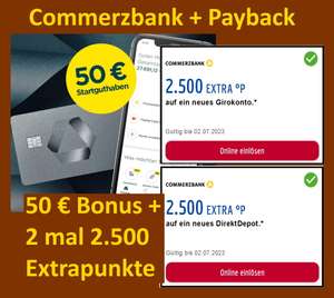 50 € Startguthaben Commerzbank Giro + jeweils 2.500 Payback-Extrapunkte (=2*25 €) für kostenloses Giro / Depot (Personalisiert)
