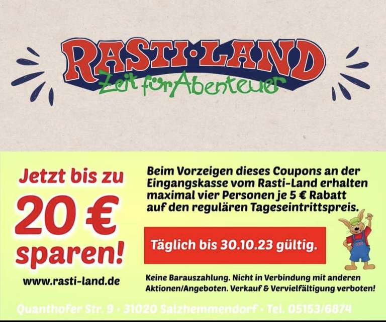 Rastiland: bei vorzeigen dieses Coupons erhalten bis zu 4 Personen 5€ Rabatt an der Tageskasse