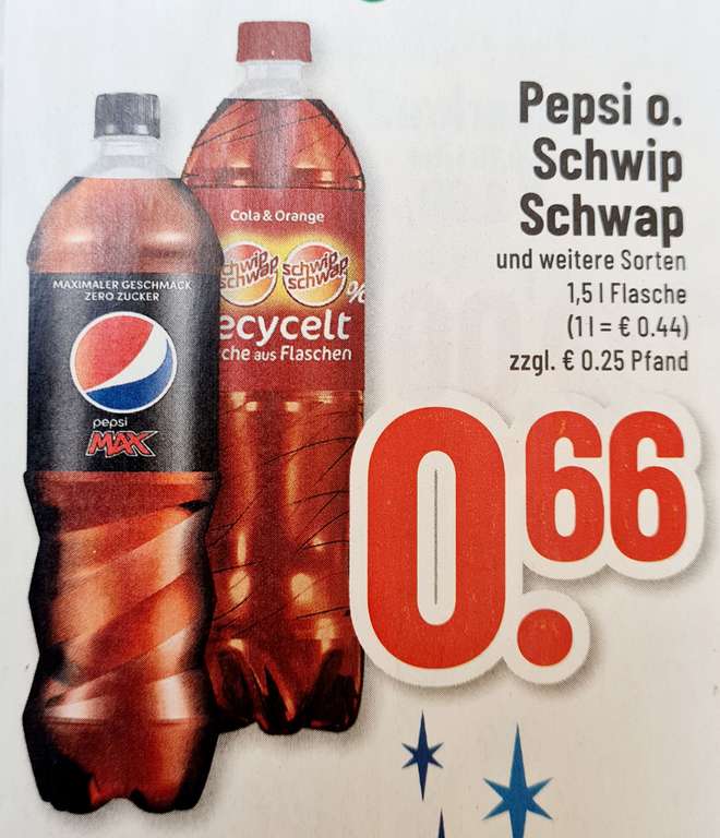 [Trinkgut | Edeka Rhein/Ruhr] Pepsi, Pepsi Max, Schwip Schwap & weitere Sorten a 1,5 Liter Flasche 66 Cent (1L.=0,44€)