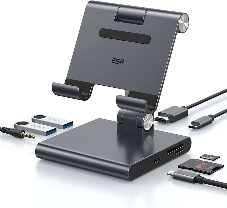 ESR 8-in-1 Stand Hub | faltbarer Ständer für Tablets | PD 100W | HDMI 4K/30Hz | 2 x USB-C | 2 x USB-A 3.0 | (micro) SD | inkl. USB-C Kabel