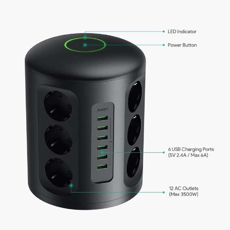 Aukey PA-S14 PowerHub XL | 12 Steckdosen (100-240V, max. 3500W, 15A) | 6 USB-A (5V, 2,4A, max. 6A) | Schalter zum Ein- / Ausschalten