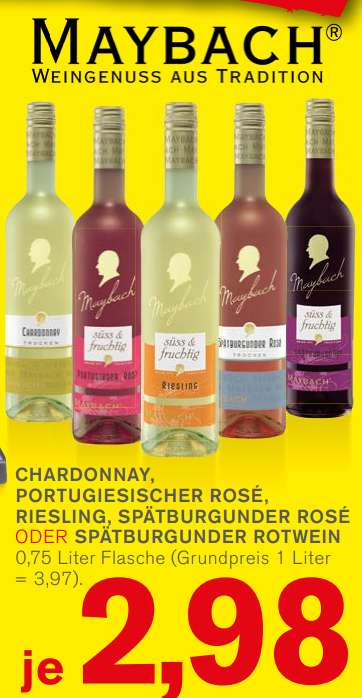 [KODI] Maybach Chardonnay, Portugiesischer Rosé, Riesling, Spätburgunder Rosé oder Spätburgunder Rotwein je 0,75l für 2,98€