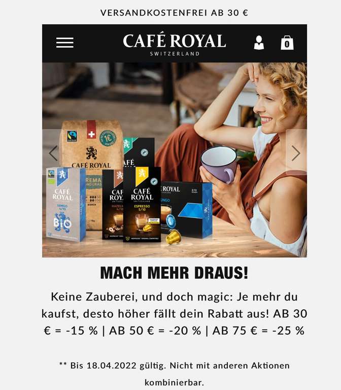 [Bis 18. April 2022] bis zu 25% Rabatt auf Nespresso-komp.-Kapseln im Café Royal e-Shop ab 75€ - beispielsweise 26 x Café Royal Lungo Bio