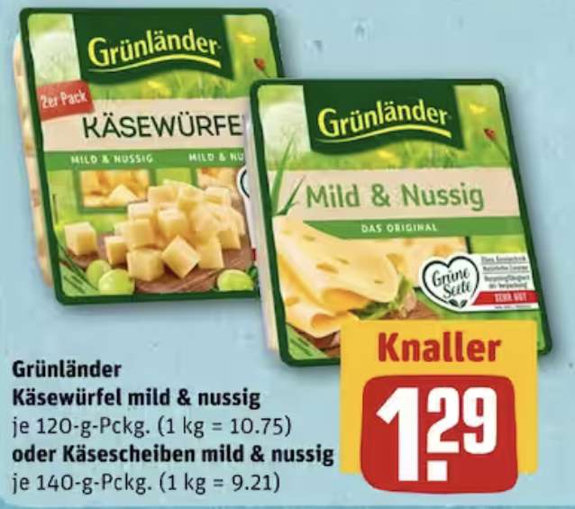 [Kaufland, Rewe & Penny] Grünländer Käse 100-140 g Packung für 1,29€, mit Cashback für 0,65€ pro Packung