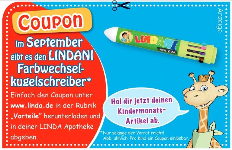 [Linda Apotheken] Lindani-Coupon: gratis Farbwechselkugelschreiber für Kinder im September