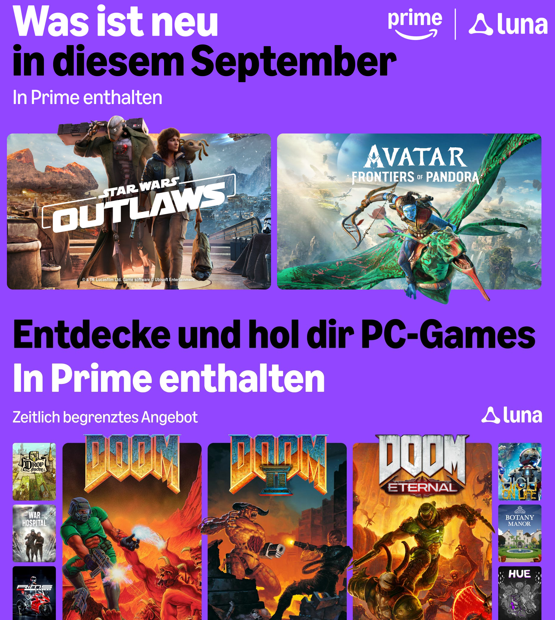 [Prime] September 2026 – 11 kostenlose PC-Spiele: DOOM Eternal, DOOM I + II, High on Life usw. + Luna: Star Wars Outlaws, Avatar FOP usw.