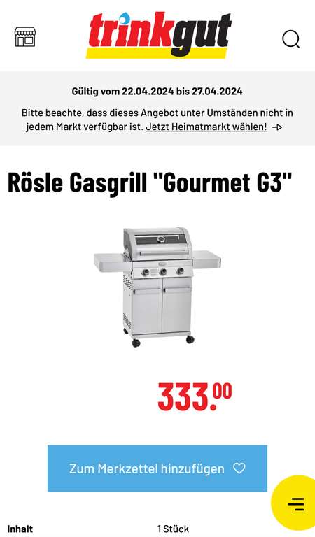 [Trinkgut] Rösle Gasgrill "Gourmet G3" für 333€