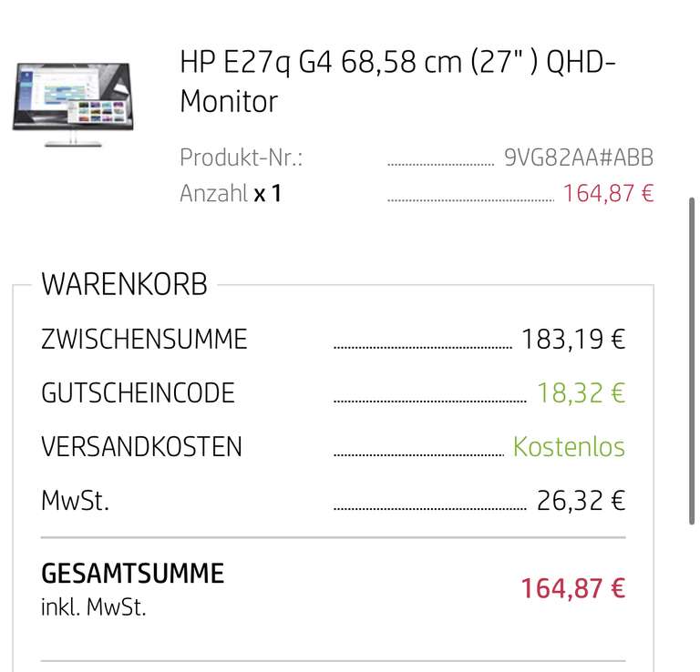 HP E27q G4 QHD IPS 5ms 27 Zoll Monitor bei HP mit CB 164,87 Euro