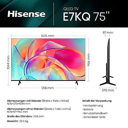 [Amazon Prime] Hisense 75E7KQ QLED Smart TV 189 cm (75 Zoll), 60Hz, HDMI 2.0, 300nits